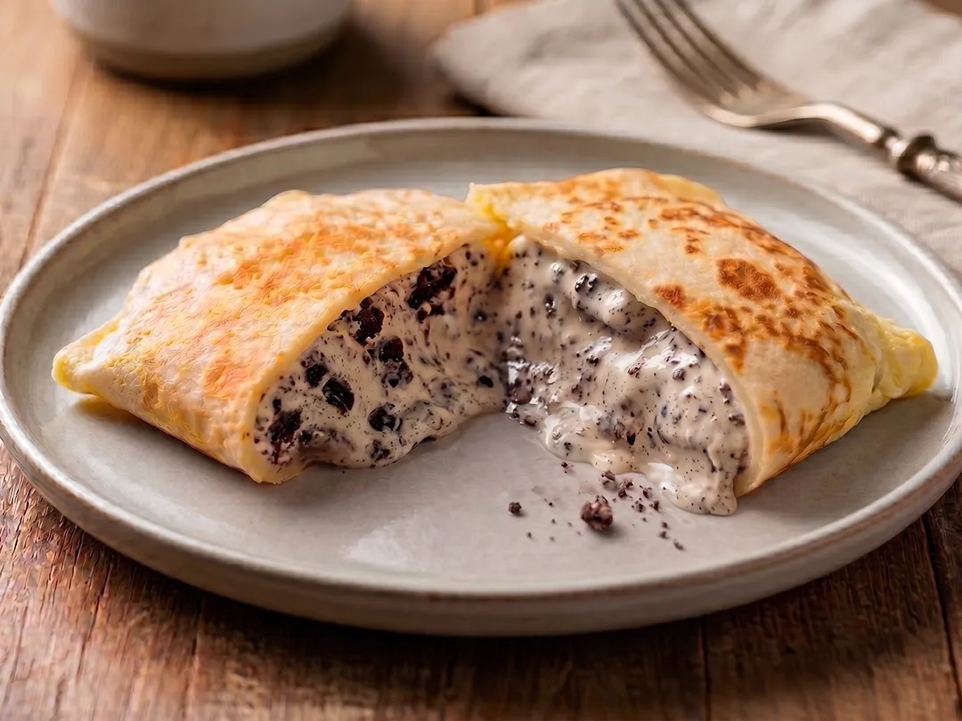 Tapioca Cookies Melt cortada mostrando creme de cookies n cream