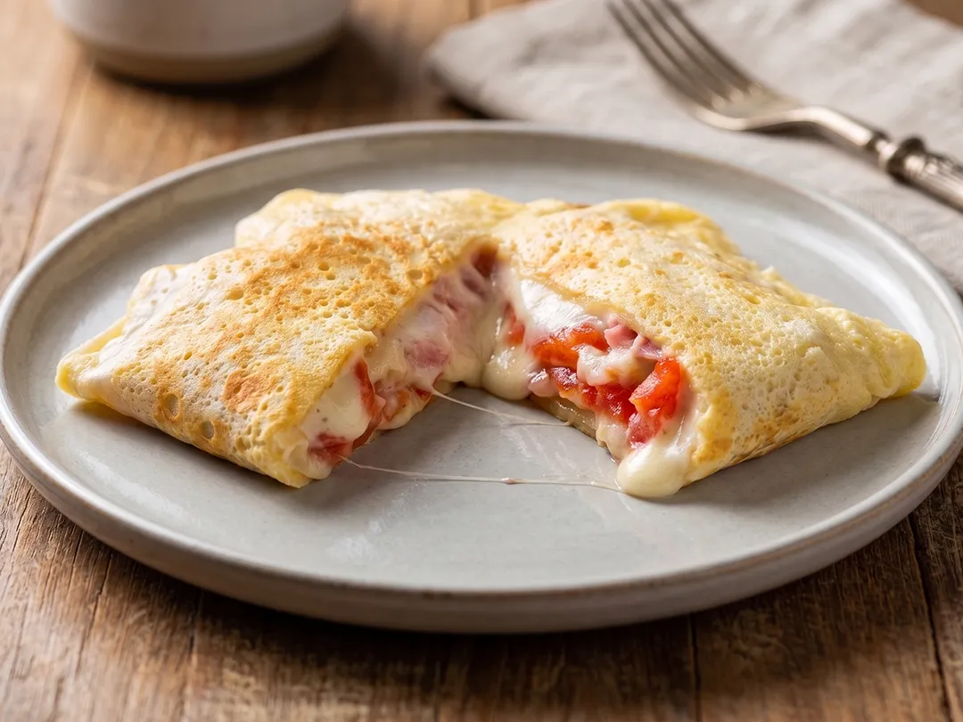 Tapioca Pizza Roll cortada mostrando molho de tomate, presunto e queijo